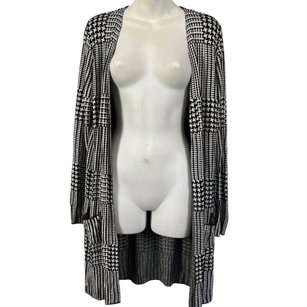 Joan Vass New York Womens Glen Plaid Longline Open Cardigan Black Sweater sz M
